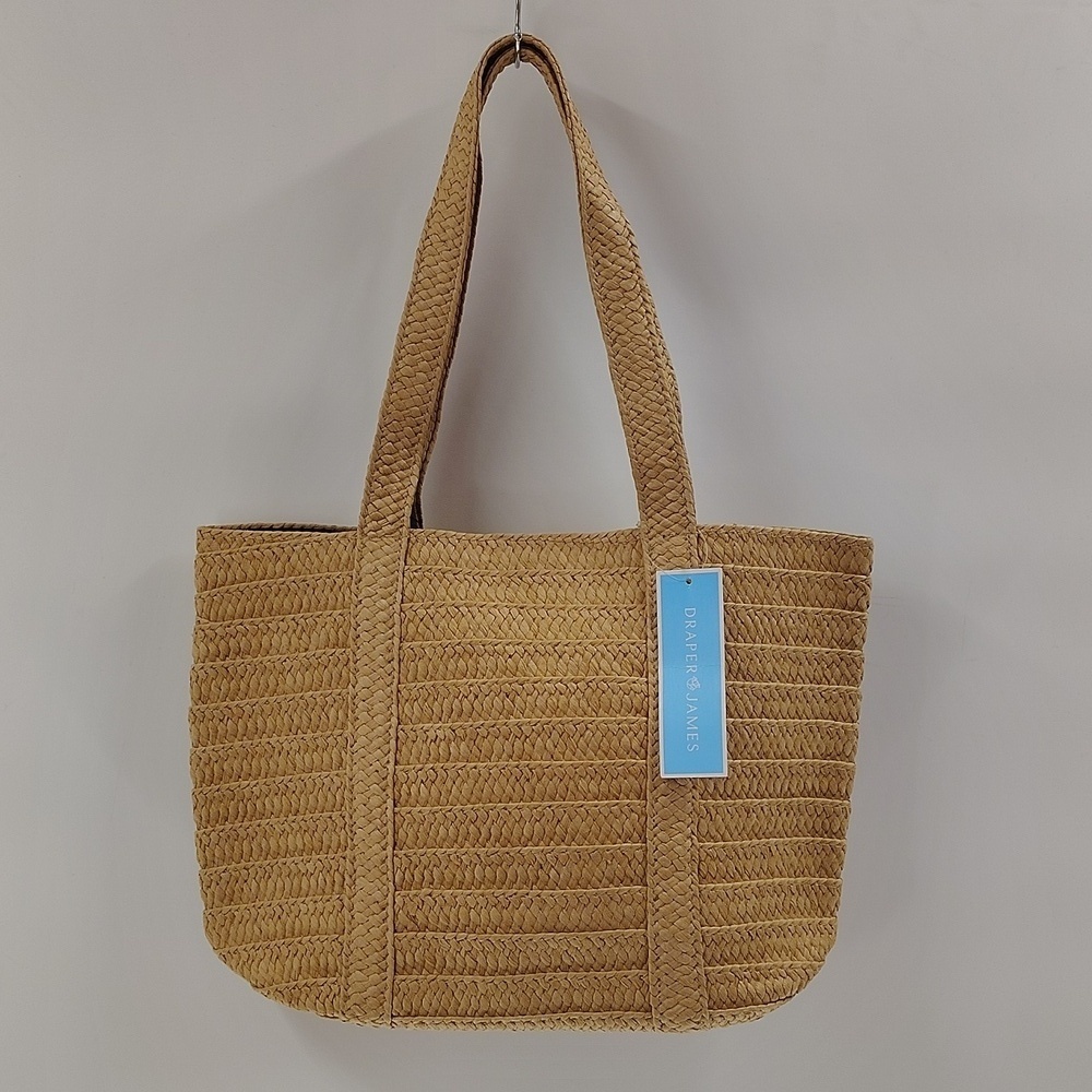 Draper James Woven Straw Tan Bag Tote Purse Blue Lining NWT